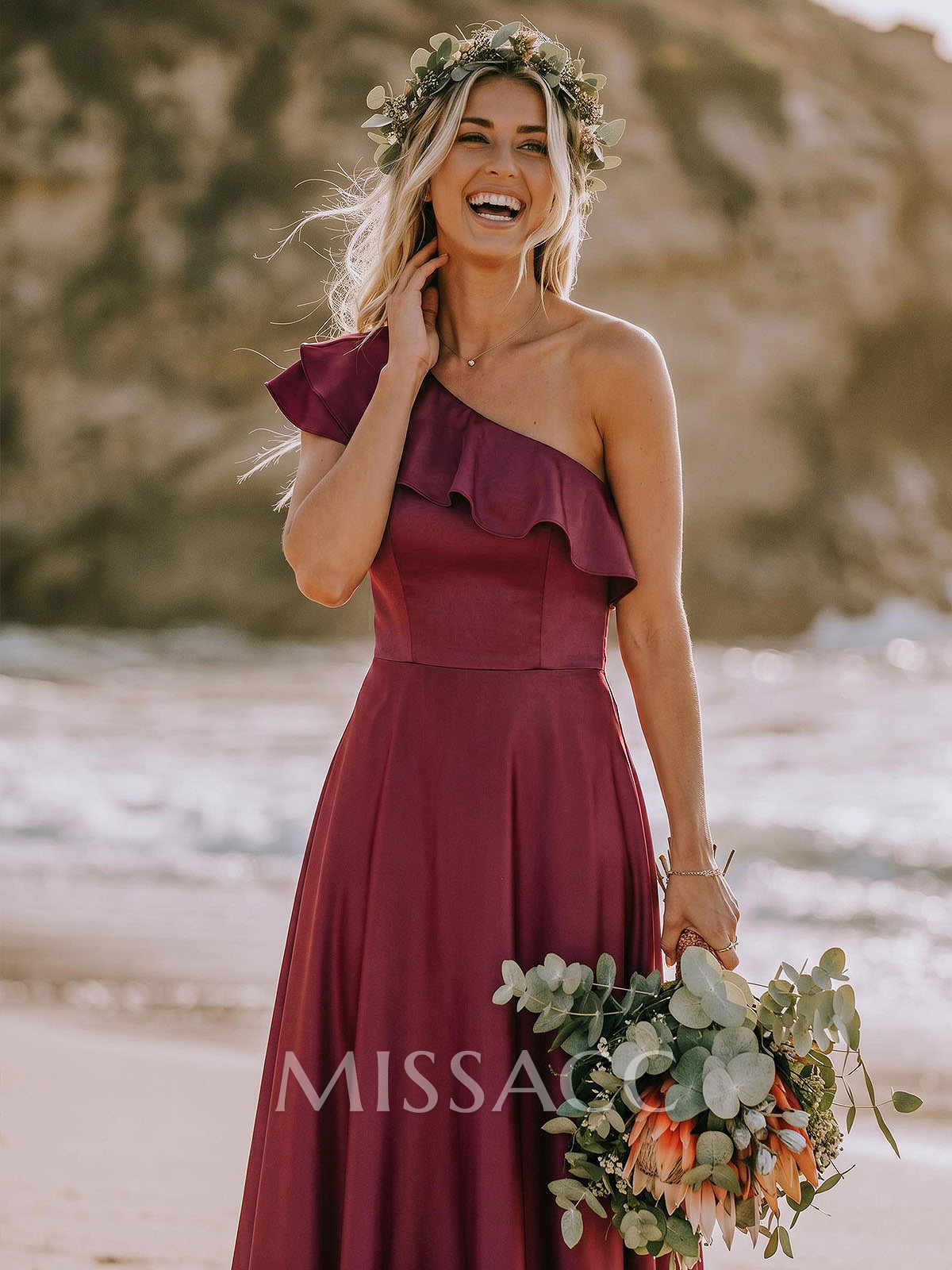 Ruffle One-Shoulder Sleeveless A-Line Floor-Length Satin Bridesmaid Dresses Ruffle One-Shoulder Sleeveless A-Line Floor-Length Satin Bridesmaid Dresses