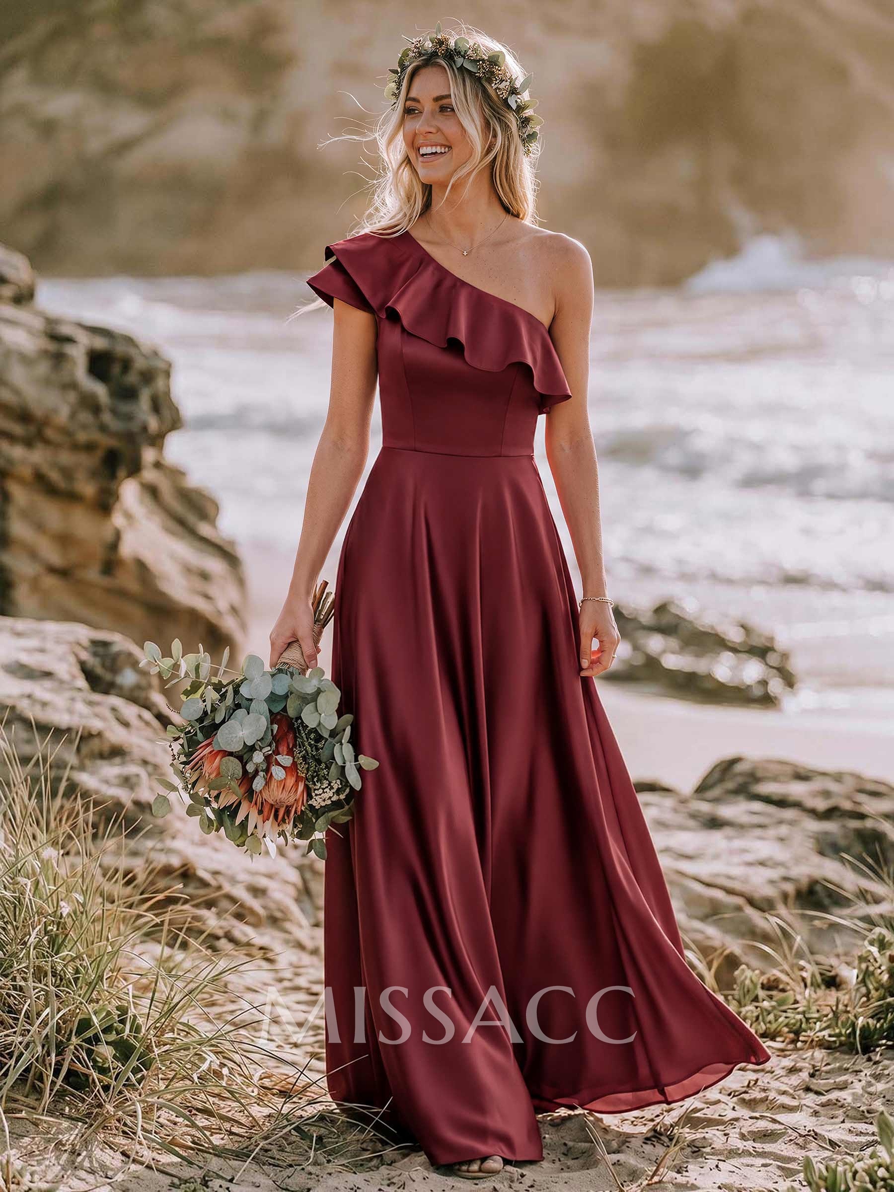 Ruffle One-Shoulder Sleeveless A-Line Floor-Length Satin Bridesmaid Dresses
