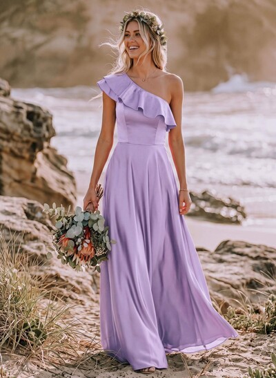Ruffle One-Shoulder Sleeveless A-Line Floor-Length Satin Bridesmaid Dresses
