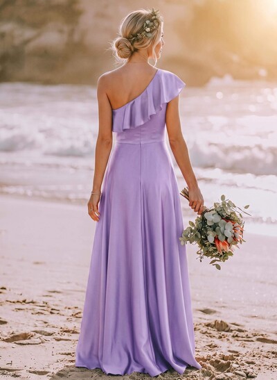 Ruffle One-Shoulder Sleeveless A-Line Floor-Length Satin Bridesmaid Dresses