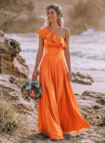 Ruffle One-Shoulder Sleeveless A-Line Floor-Length Satin Bridesmaid Dresses