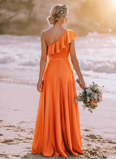 Ruffle One-Shoulder Sleeveless A-Line Floor-Length Satin Bridesmaid Dresses
