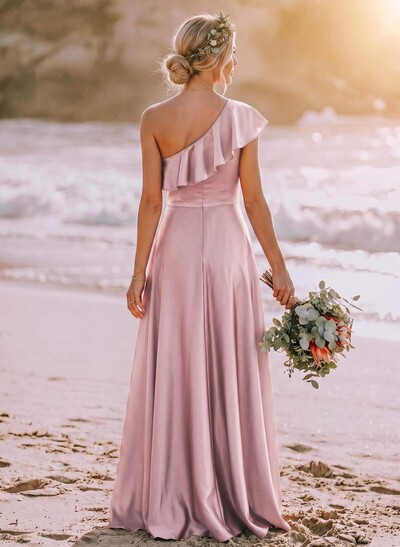 Ruffle One-Shoulder Sleeveless A-Line Floor-Length Satin Bridesmaid Dresses