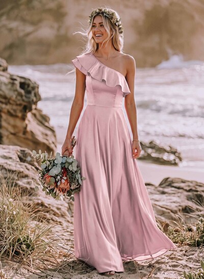 Ruffle One-Shoulder Sleeveless A-Line Floor-Length Satin Bridesmaid Dresses