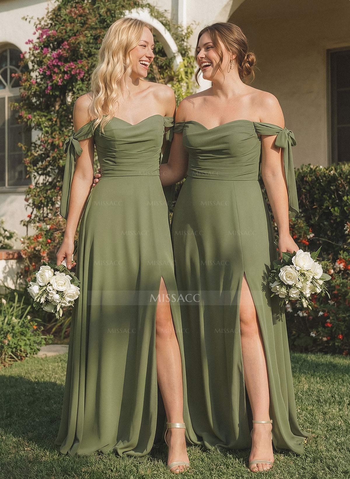 A-Line Off-The-Shoulder Sleeveless Floor-Length Chiffon Bridesmaid Dresses With Bow High Split
