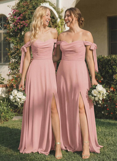 A-Line Off-The-Shoulder Sleeveless Floor-Length Chiffon Bridesmaid Dresses With Bow High Split