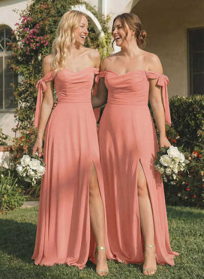 A-Line Off-The-Shoulder Sleeveless Floor-Length Chiffon Bridesmaid Dresses With Bow High Split