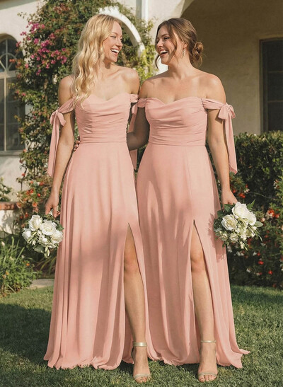 A-Line Off-The-Shoulder Sleeveless Floor-Length Chiffon Bridesmaid Dresses With Bow High Split