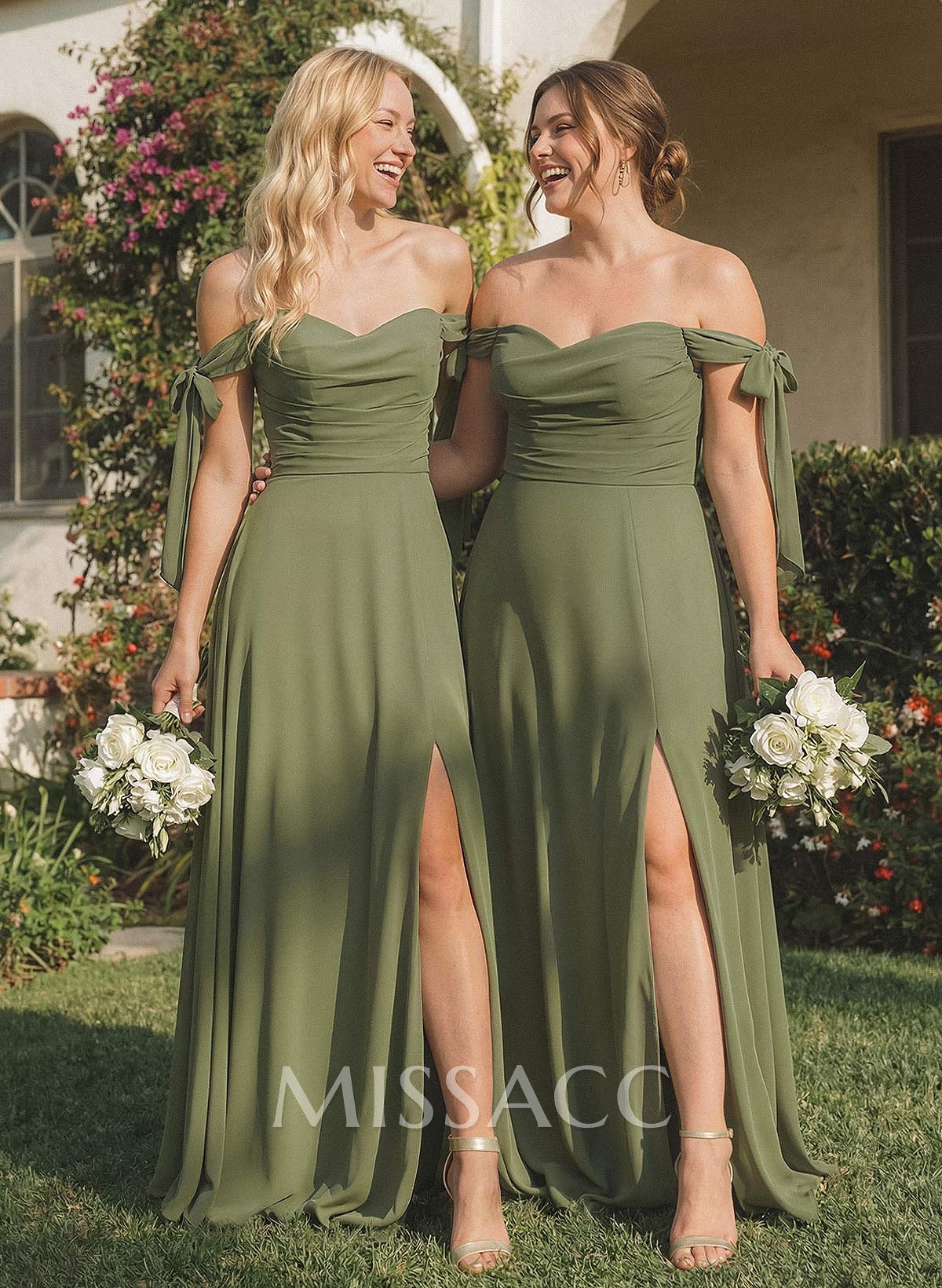 A-Line Off-The-Shoulder Sleeveless Floor-Length Chiffon Bridesmaid Dresses With Bow High Split A-Line Off-The-Shoulder Sleeveless Floor-Length Chiffon Bridesmaid Dresses With Bow High Split