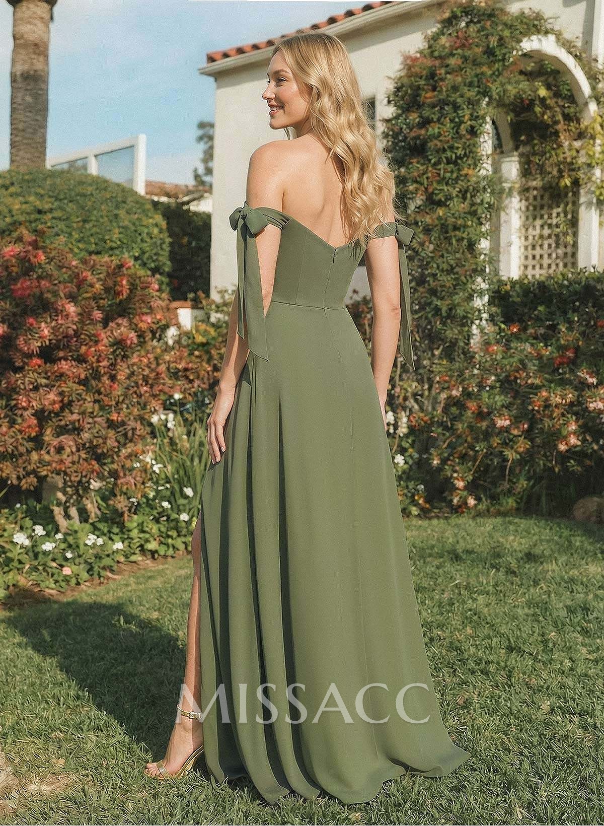 A-Line Off-The-Shoulder Sleeveless Floor-Length Chiffon Bridesmaid Dresses With Bow High Split A-Line Off-The-Shoulder Sleeveless Floor-Length Chiffon Bridesmaid Dresses With Bow High Split