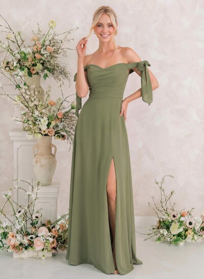 A-Line Off-The-Shoulder Sleeveless Floor-Length Chiffon Bridesmaid Dresses With Bow High Split