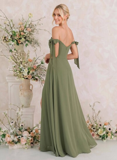 A-Line Off-The-Shoulder Sleeveless Floor-Length Chiffon Bridesmaid Dresses With Bow High Split