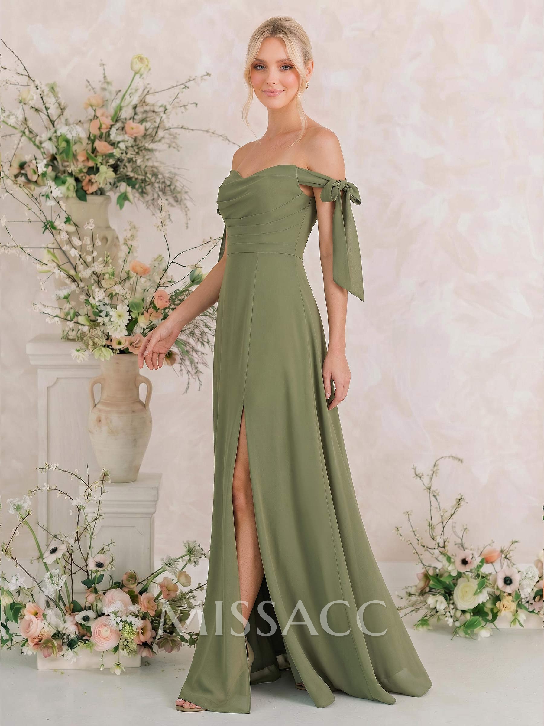 A-Line Off-The-Shoulder Sleeveless Floor-Length Chiffon Bridesmaid Dresses With Bow High Split A-Line Off-The-Shoulder Sleeveless Floor-Length Chiffon Bridesmaid Dresses With Bow High Split