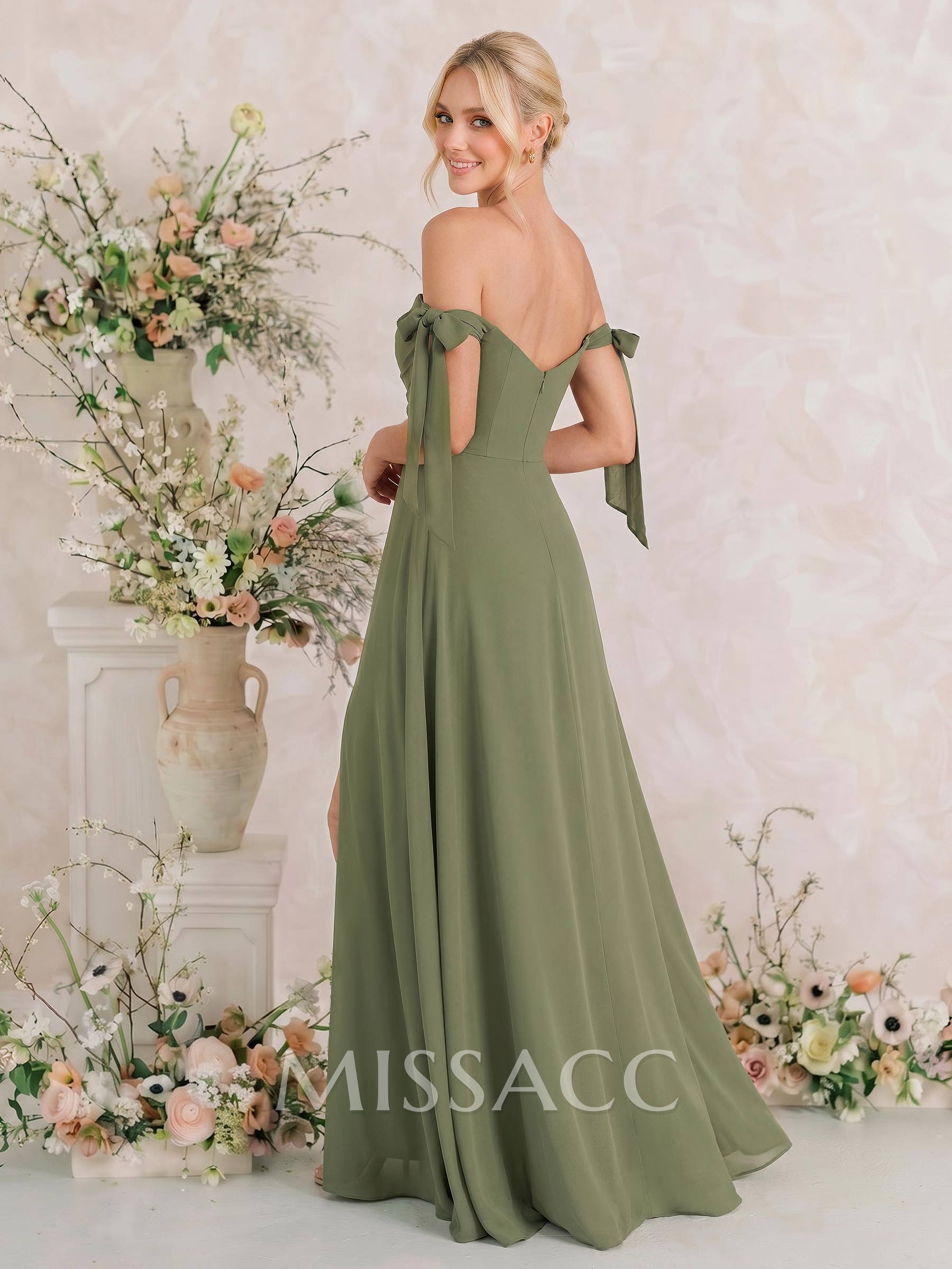 A-Line Off-The-Shoulder Sleeveless Floor-Length Chiffon Bridesmaid Dresses With Bow High Split A-Line Off-The-Shoulder Sleeveless Floor-Length Chiffon Bridesmaid Dresses With Bow High Split