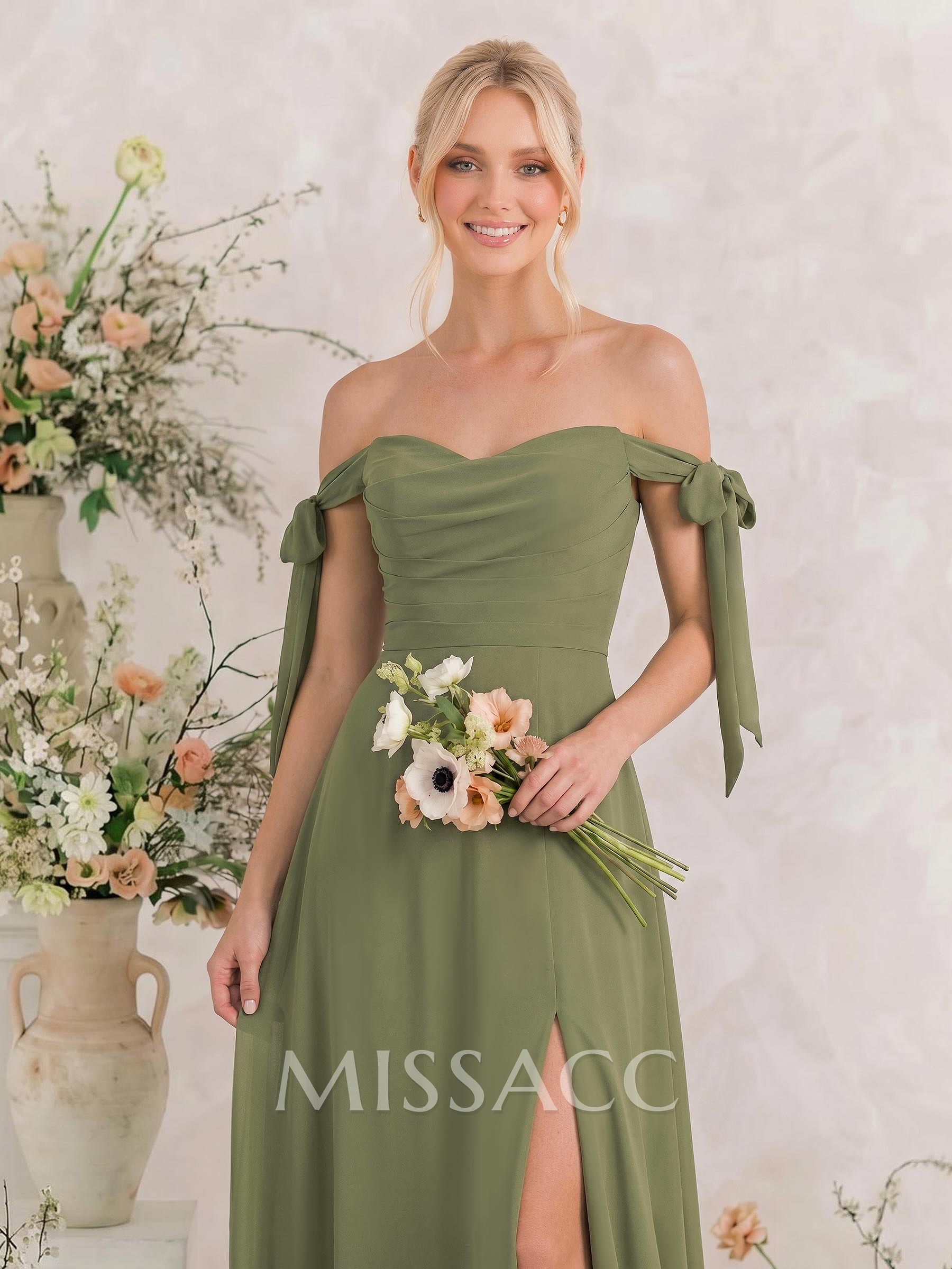 A-Line Off-The-Shoulder Sleeveless Floor-Length Chiffon Bridesmaid Dresses With Bow High Split A-Line Off-The-Shoulder Sleeveless Floor-Length Chiffon Bridesmaid Dresses With Bow High Split