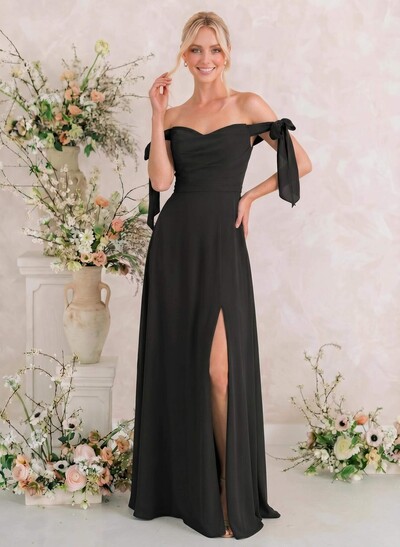 A-Line Off-The-Shoulder Sleeveless Floor-Length Chiffon Bridesmaid Dresses With Bow High Split