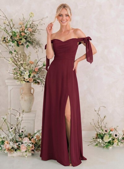 A-Line Off-The-Shoulder Sleeveless Floor-Length Chiffon Bridesmaid Dress with Bow and High Slit