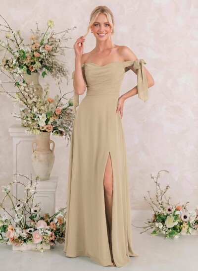 A-Line Off-The-Shoulder Sleeveless Floor-Length Chiffon Bridesmaid Dresses With Bow High Split