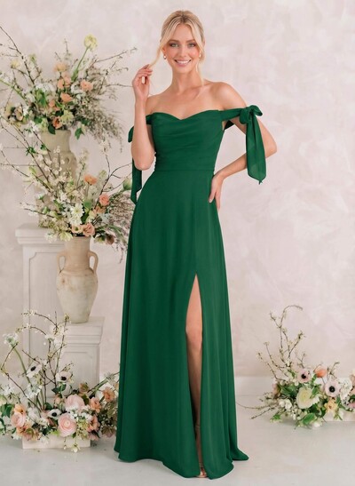 A-Line Off-The-Shoulder Sleeveless Floor-Length Chiffon Bridesmaid Dresses With Bow High Split