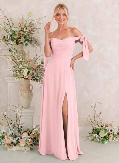 A-Line Off-The-Shoulder Sleeveless Floor-Length Chiffon Bridesmaid Dresses With Bow High Split