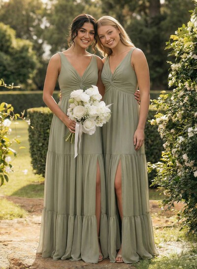 A-Line Plunge Neck Sleeveless Floor-Length Chiffon Bridesmaid Dresses With Split Front Tiered