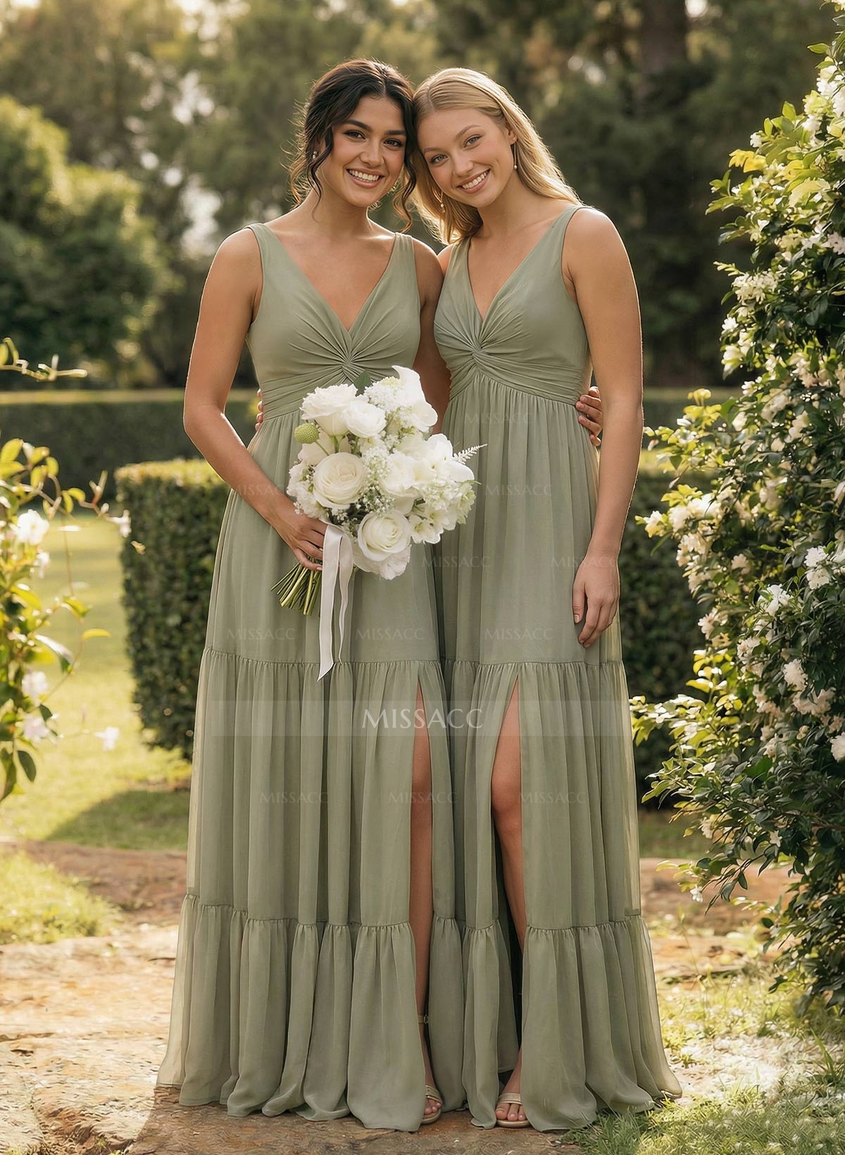 A-Line Plunge Neck Sleeveless Floor-Length Chiffon Bridesmaid Dresses With Split Front Tiered