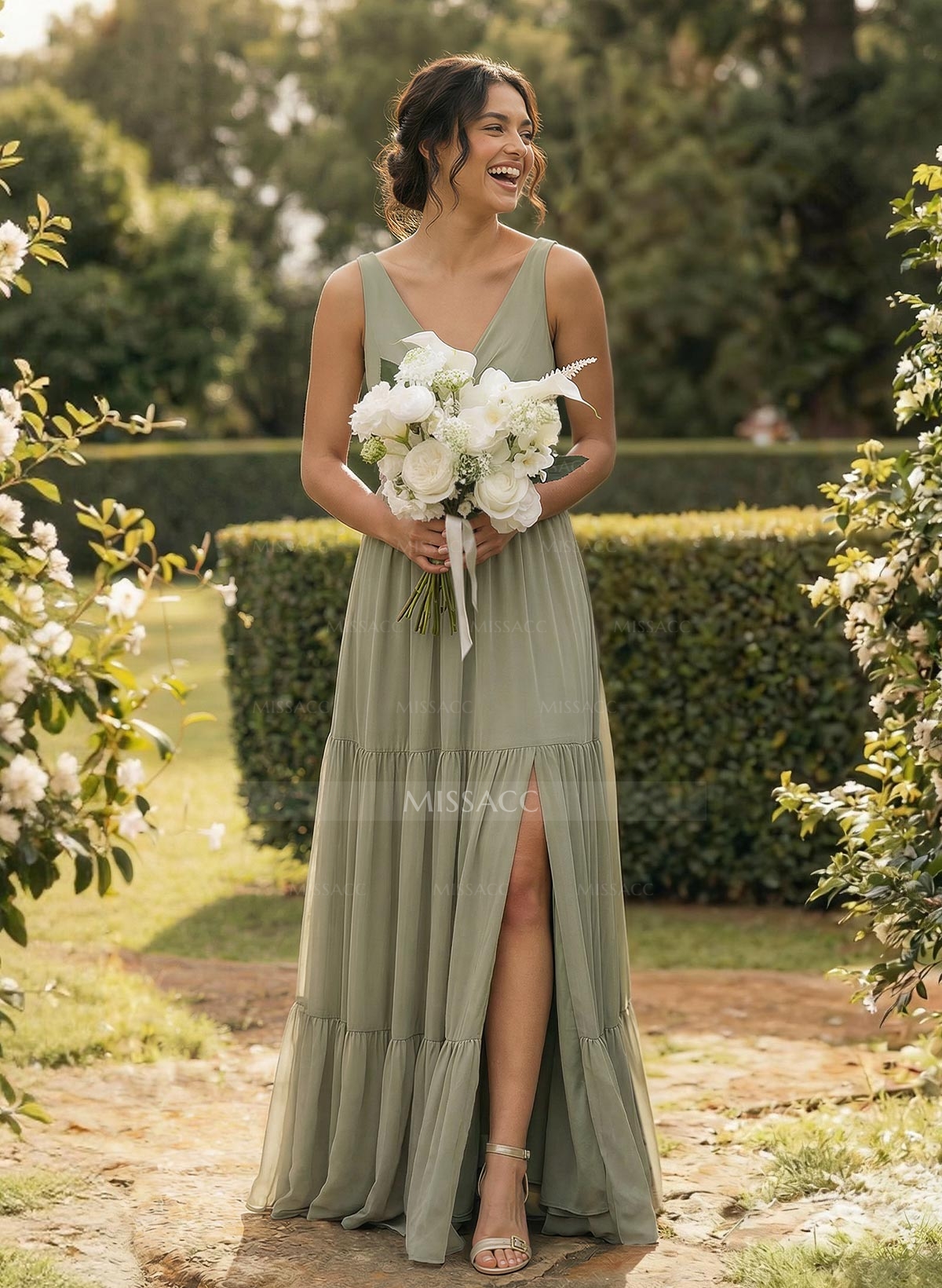 A-Line Plunge Neck Sleeveless Floor-Length Chiffon Bridesmaid Dresses With Split Front Tiered