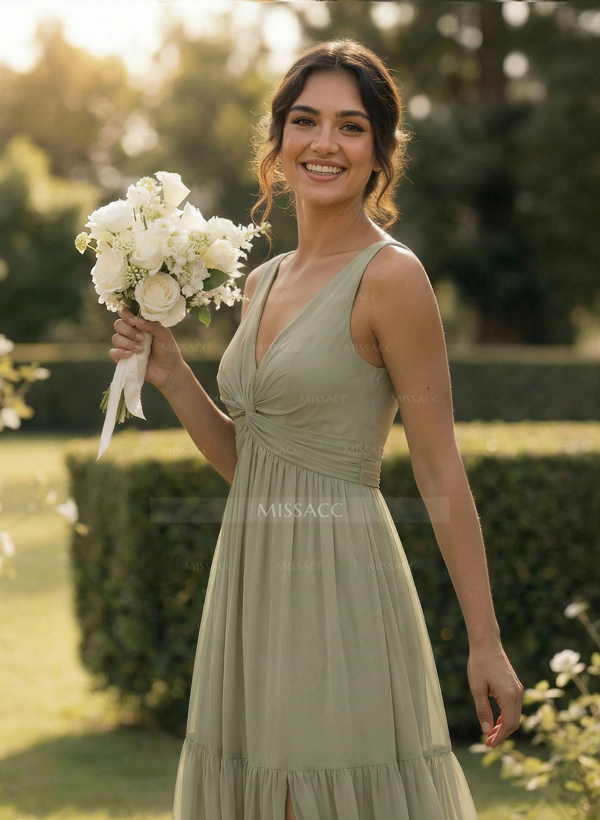 A-Line Plunge Neck Sleeveless Floor-Length Chiffon Bridesmaid Dresses With Split Front Tiered