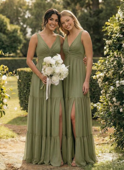 A-Line Plunge Neck Sleeveless Floor-Length Chiffon Bridesmaid Dresses With Split Front Tiered