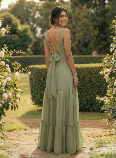 A-Line Plunge Neck Sleeveless Floor-Length Chiffon Bridesmaid Dresses With Split Front Tiered