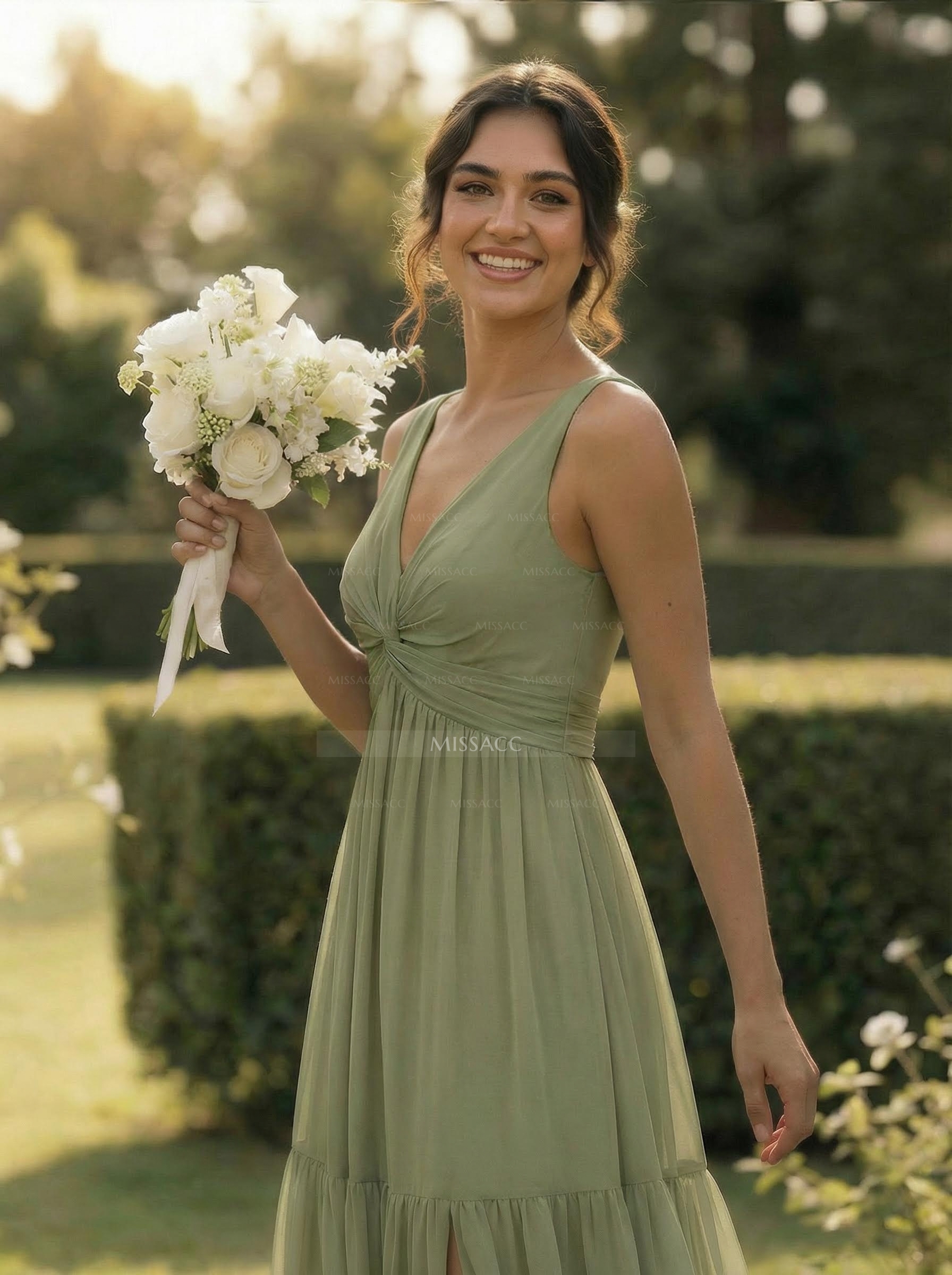 A-Line Plunge Neck Sleeveless Floor-Length Chiffon Bridesmaid Dresses With Split Front Tiered