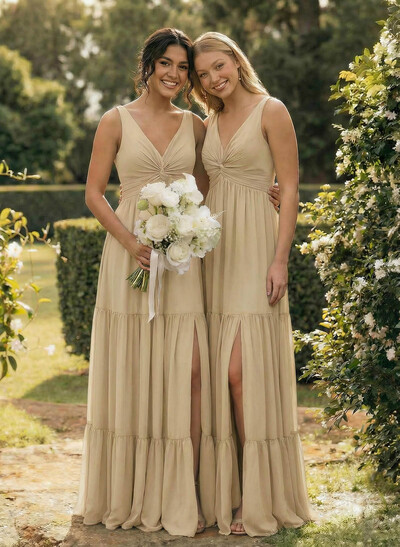 A-Line Plunge Neck Sleeveless Floor-Length Chiffon Bridesmaid Dresses With Split Front Tiered