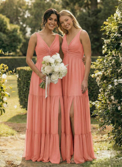 A-Line Plunge Neck Sleeveless Floor-Length Chiffon Bridesmaid Dresses With Split Front Tiered