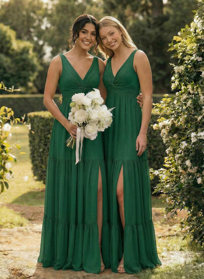 A-Line Plunge Neck Sleeveless Floor-Length Chiffon Bridesmaid Dresses With Split Front Tiered