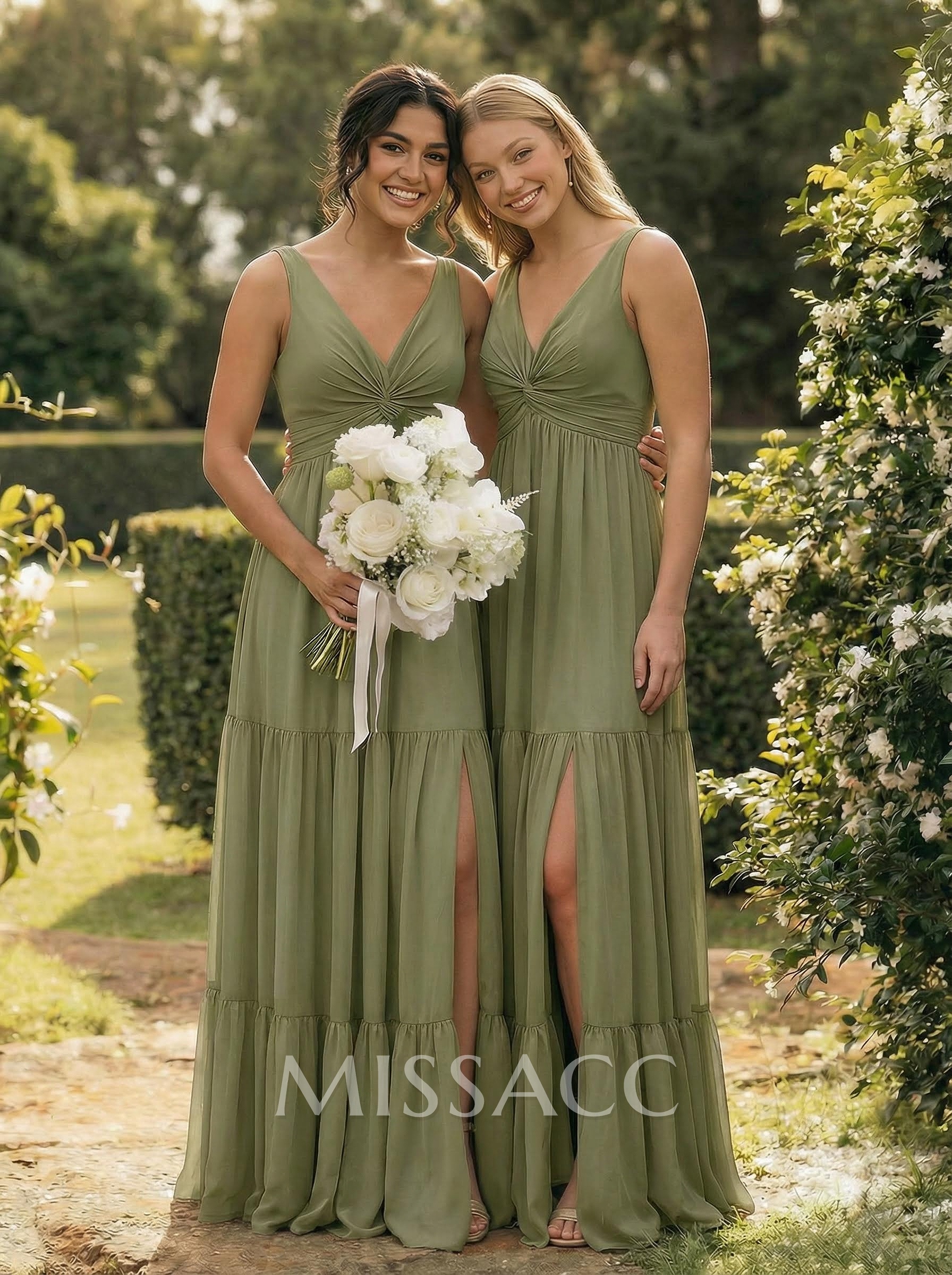 A-Line Plunge Neck Sleeveless Floor-Length Chiffon Bridesmaid Dresses With Split Front Tiered A-Line Plunge Neck Sleeveless Floor-Length Chiffon Bridesmaid Dresses With Split Front Tiered