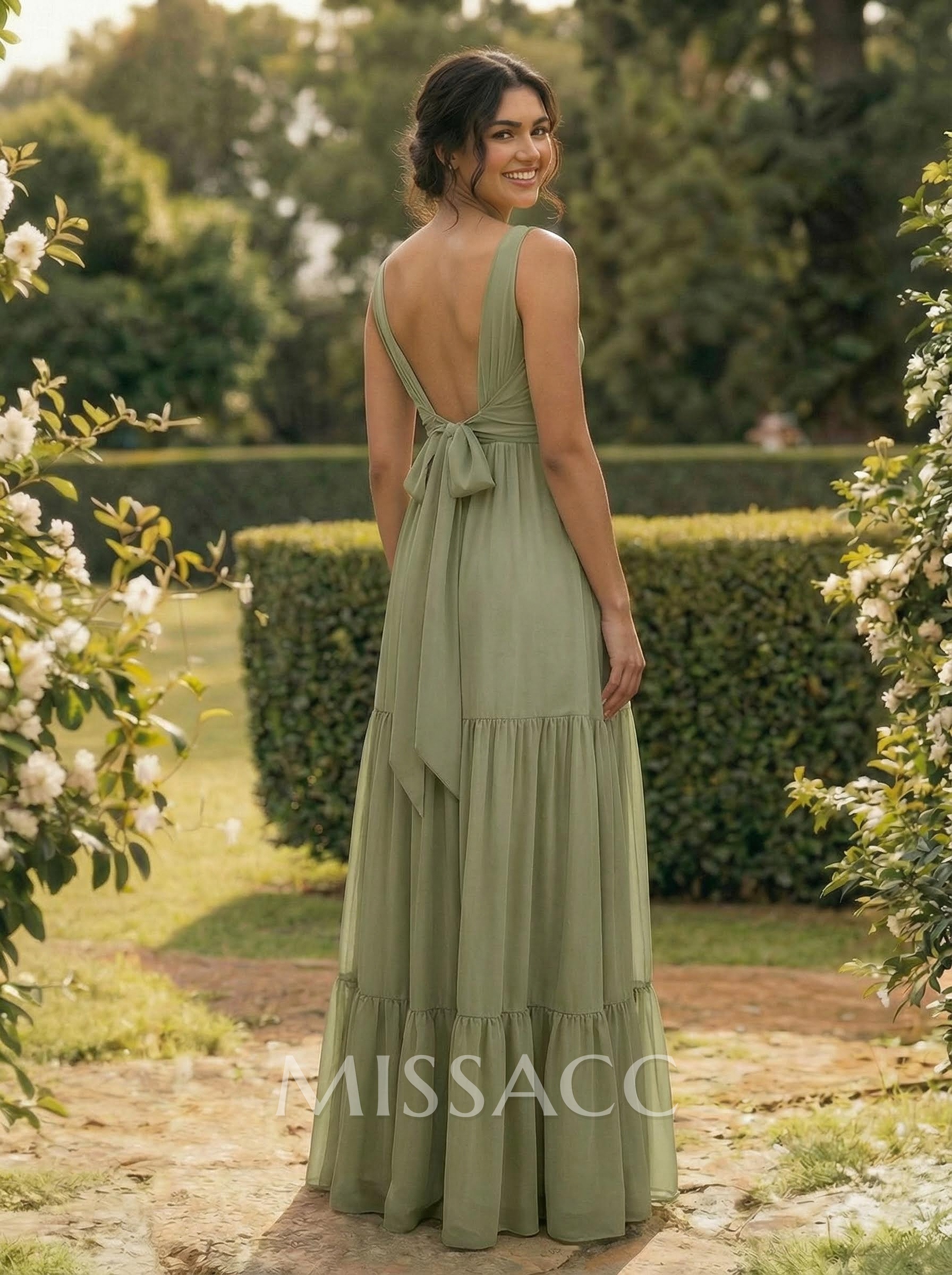 A-Line Plunge Neck Sleeveless Floor-Length Chiffon Bridesmaid Dresses With Split Front Tiered A-Line Plunge Neck Sleeveless Floor-Length Chiffon Bridesmaid Dresses With Split Front Tiered