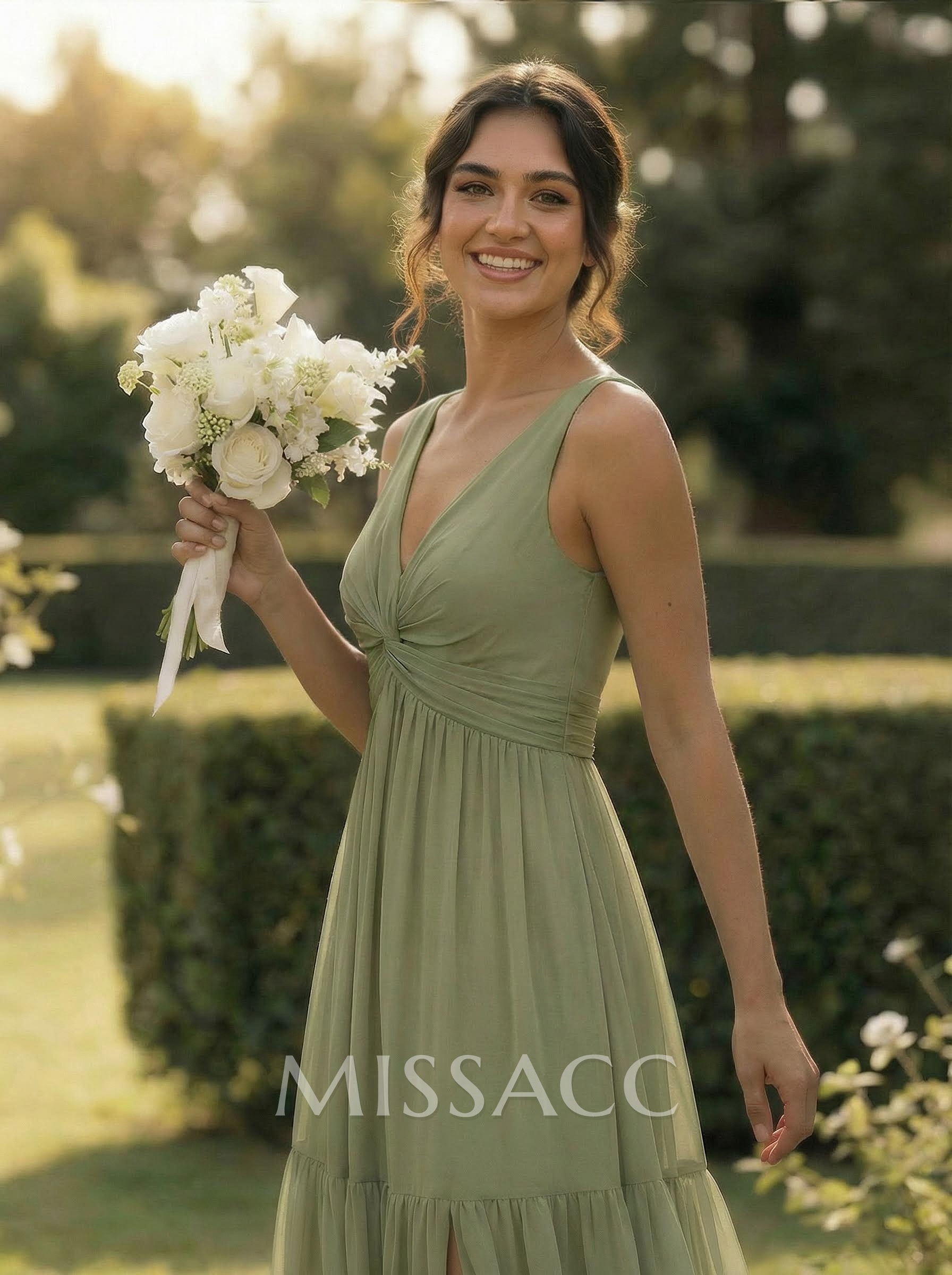 A-Line Plunge Neck Sleeveless Floor-Length Chiffon Bridesmaid Dresses With Split Front Tiered A-Line Plunge Neck Sleeveless Floor-Length Chiffon Bridesmaid Dresses With Split Front Tiered
