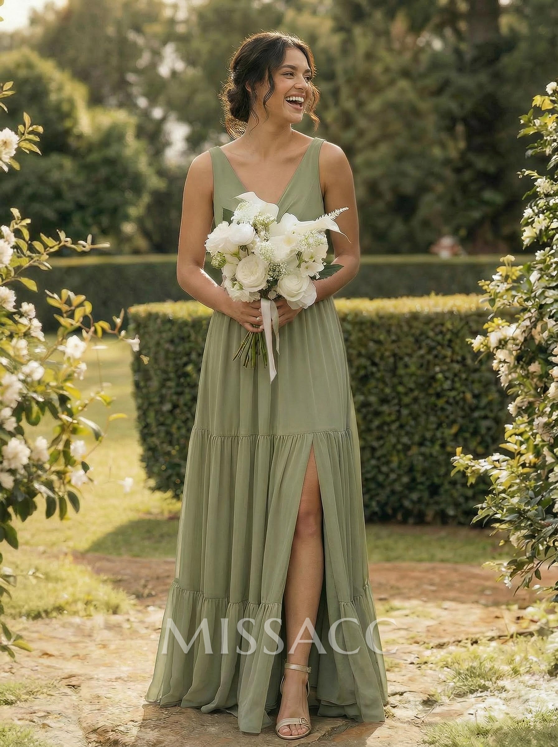 A-Line Plunge Neck Sleeveless Floor-Length Chiffon Bridesmaid Dresses With Split Front Tiered A-Line Plunge Neck Sleeveless Floor-Length Chiffon Bridesmaid Dresses With Split Front Tiered