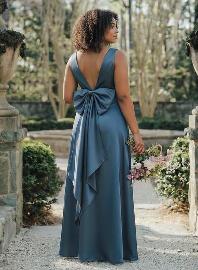 A-Line V-Neck Sleeveless Floor-Length Satin Bridesmaid Dresses With Bow
