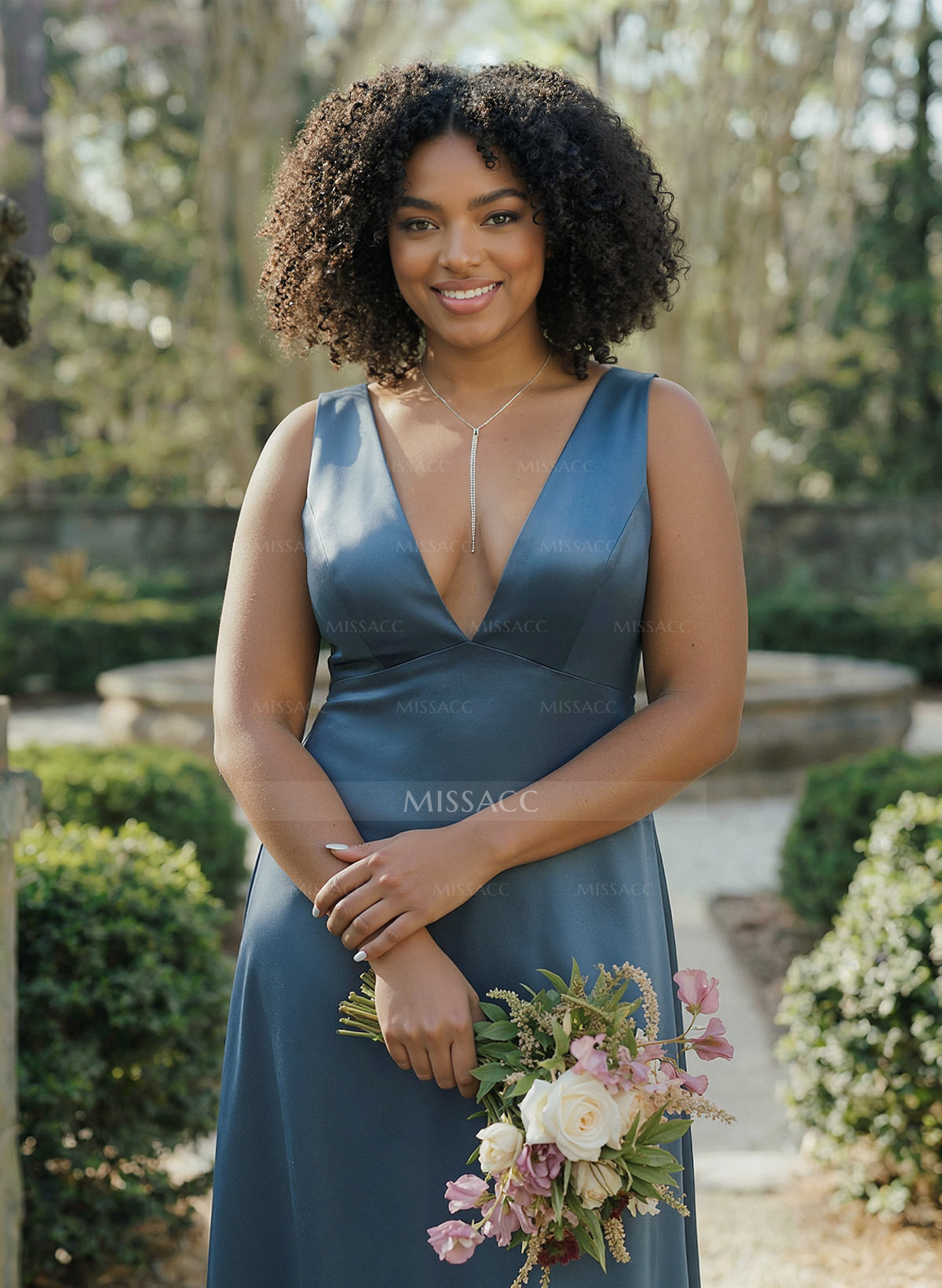 A-Line V-Neck Sleeveless Floor-Length Satin Bridesmaid Dresses With Bow