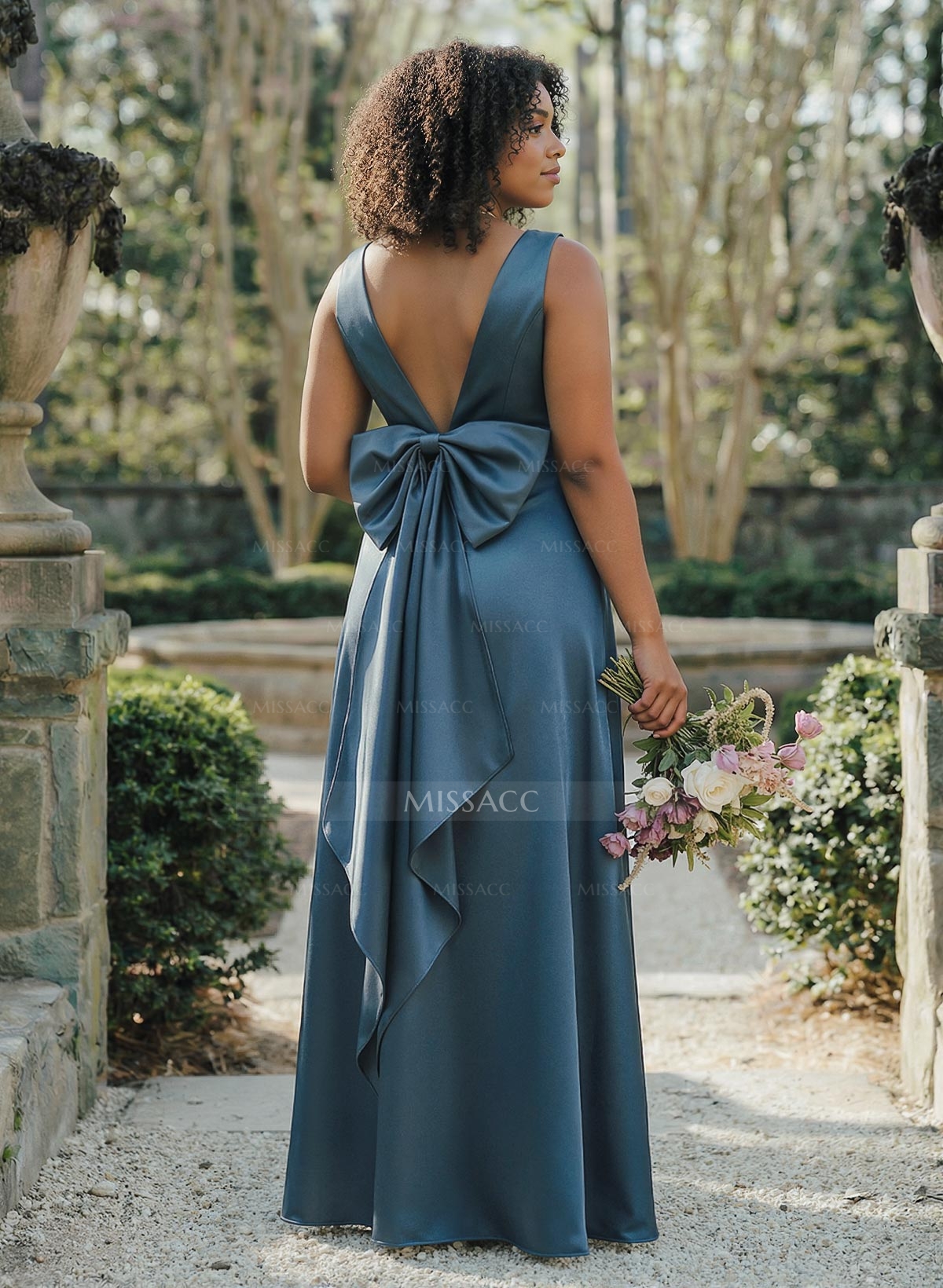A-Line V-Neck Sleeveless Floor-Length Satin Bridesmaid Dresses With Bow