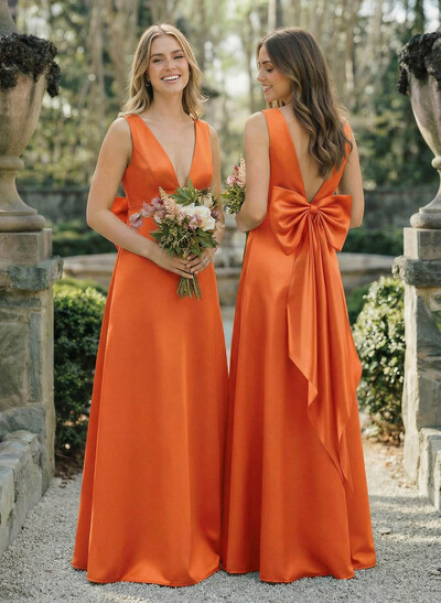 A-Line V-Neck Sleeveless Floor-Length Satin Bridesmaid Dresses With Bow