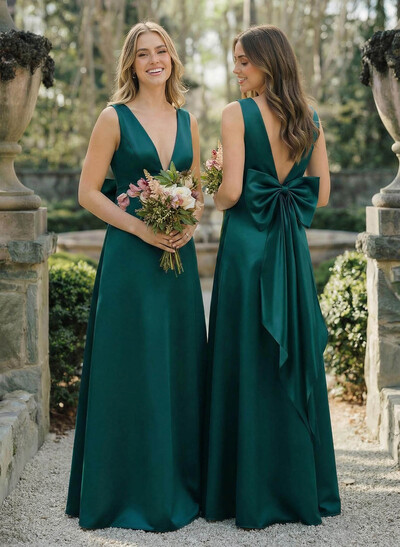 A-Line V-Neck Sleeveless Floor-Length Satin Bridesmaid Dresses With Bow