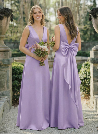 A-Line V-Neck Sleeveless Floor-Length Satin Bridesmaid Dresses With Bow
