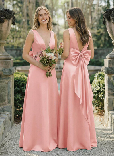A-Line V-Neck Sleeveless Floor-Length Satin Bridesmaid Dresses With Bow