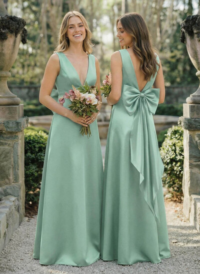 A-Line V-Neck Sleeveless Floor-Length Satin Bridesmaid Dresses With Bow