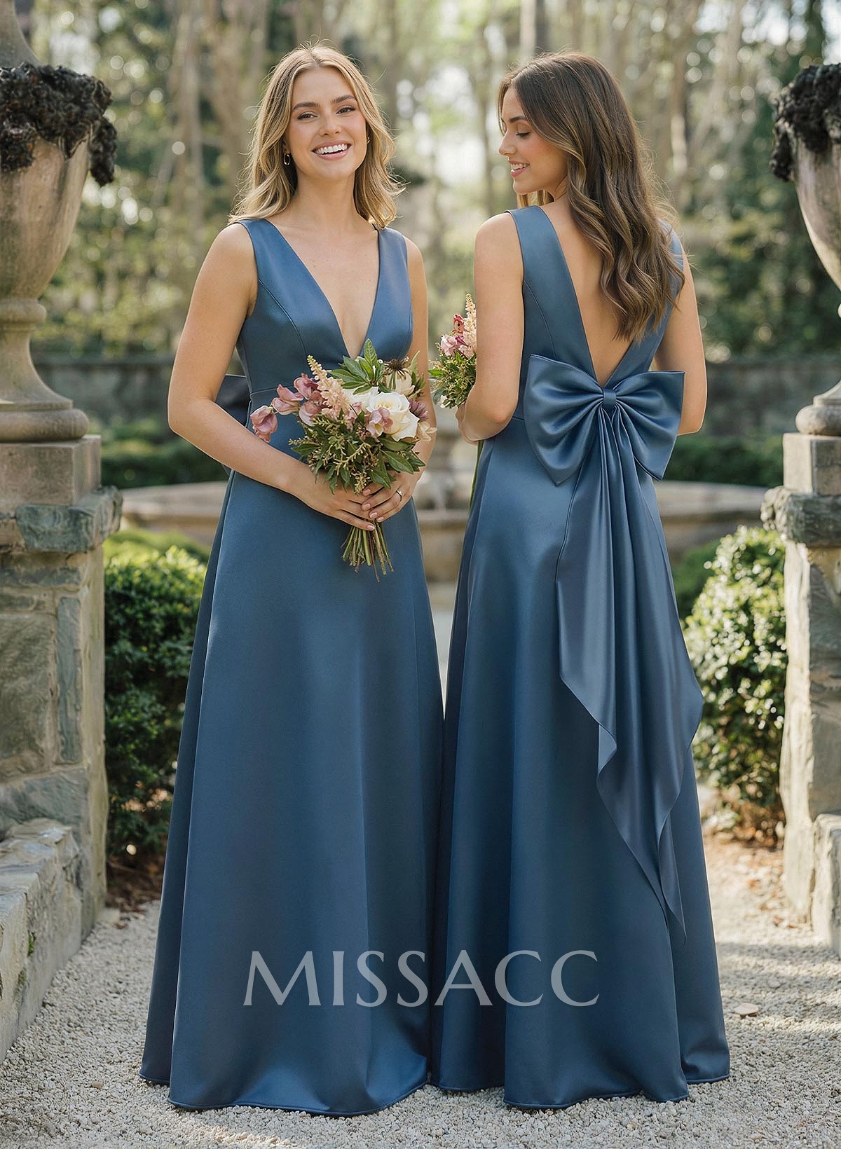 A-Line V-Neck Sleeveless Floor-Length Satin Bridesmaid Dresses With Bow A-Line V-Neck Sleeveless Floor-Length Satin Bridesmaid Dresses With Bow