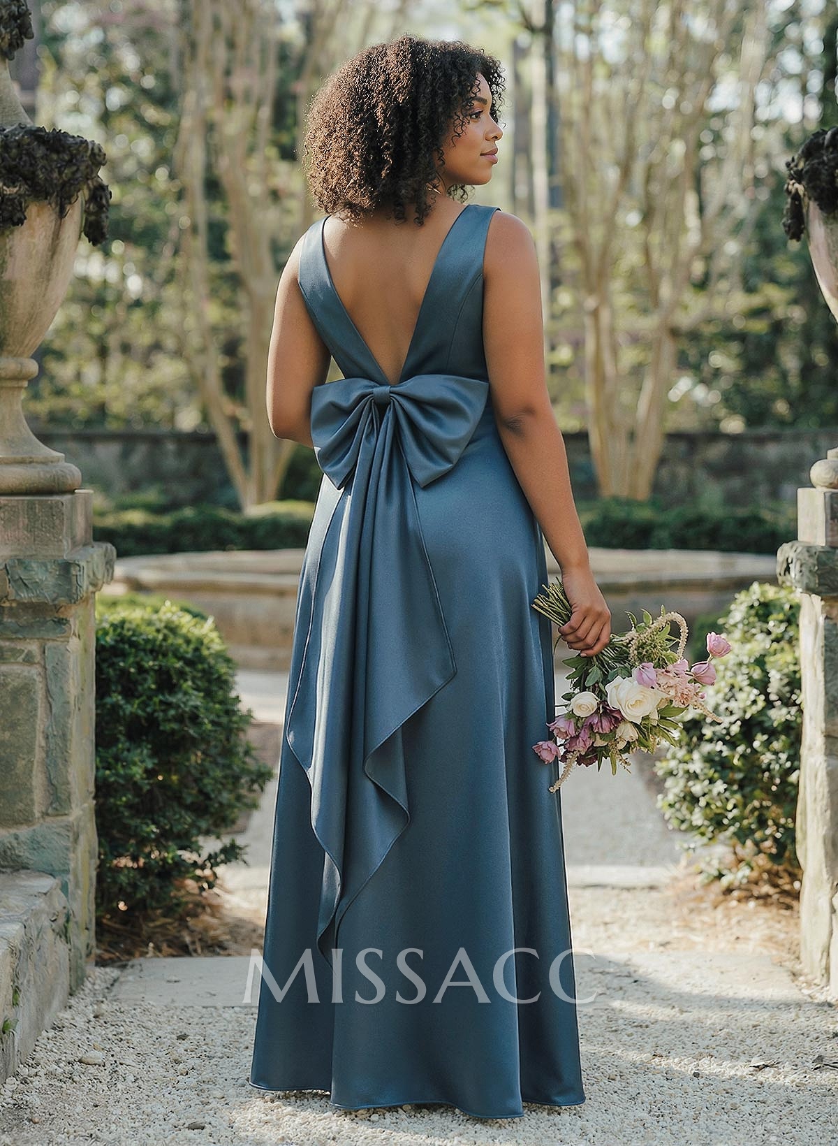 A-Line V-Neck Sleeveless Floor-Length Satin Bridesmaid Dresses With Bow A-Line V-Neck Sleeveless Floor-Length Satin Bridesmaid Dresses With Bow