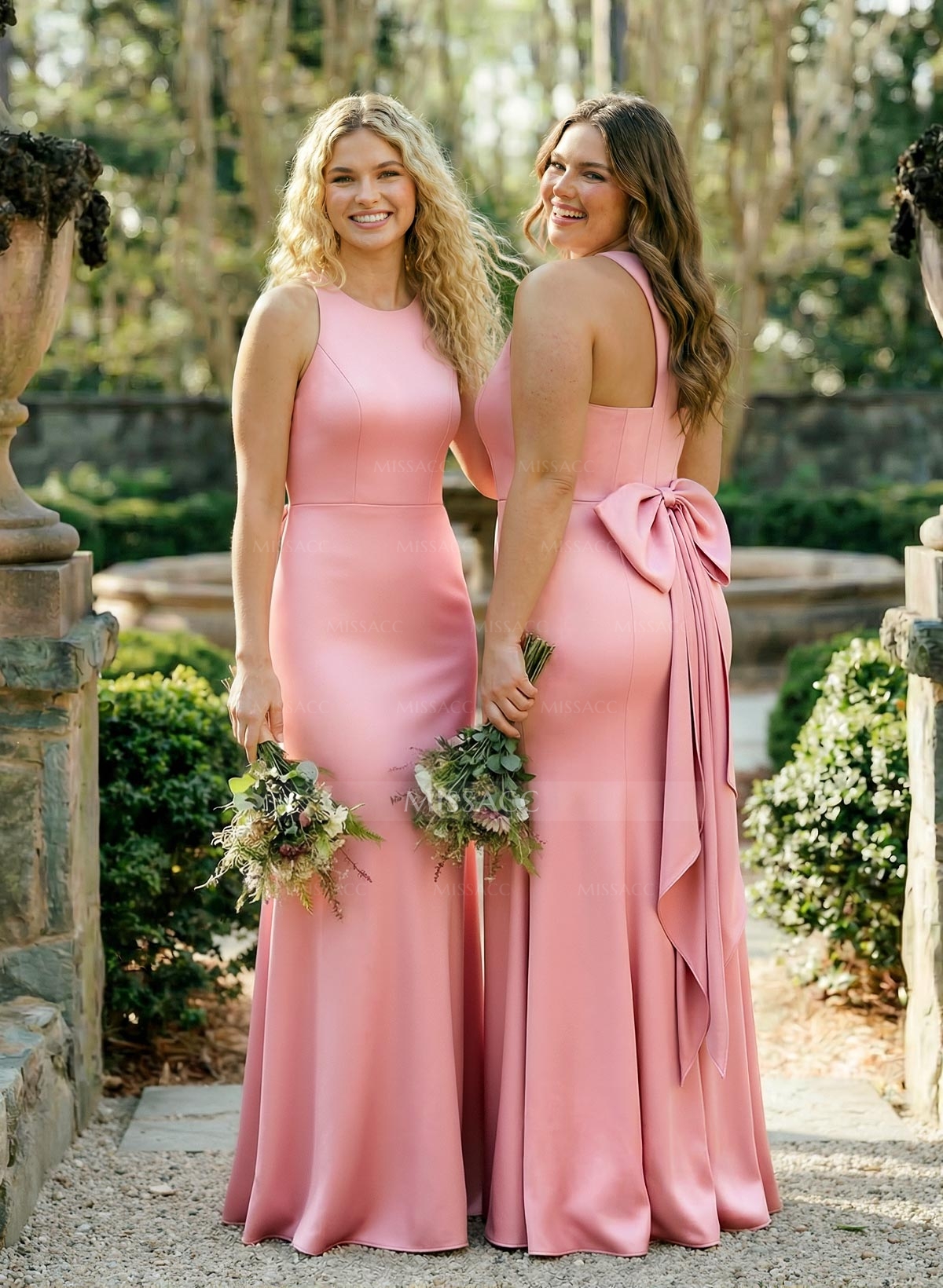 Sheath Column Scoop Neck Sleeveless Floor-Length Crepe Satin Bridesmaid Dresses With Bow