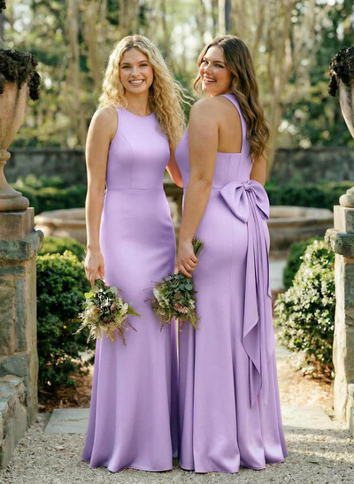 Sheath Column Scoop Neck Sleeveless Floor-Length Crepe Satin Bridesmaid Dresses With Bow